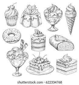 Bakery desserts sketch vector icons. Pastry cakes and biscuits, pudding and cupcakes or chocolate torte muffins and ice cream. Cheesecake or brownie confectionery and cookies for cafeteria menu