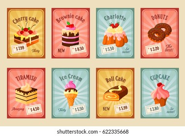 Bakery desserts vector price cards. Patisserie pastry of brownie and cherry cake, charlotte pudding and chocolate donuts, tiramisu torte, ice cream and roll cake or cupcake muffin for cafeteria menu