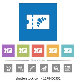 Bakery discount coupon flat white icons in square backgrounds. 6 bonus icons included.