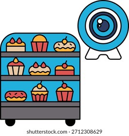 A bakery display case with a camera in the background. The camera is looking at the pastries