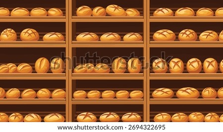 A bakery display case filled with various types of freshly baked bread loaves on wooden shelves.