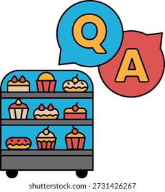 A bakery display case with a sign that says QA. The sign is above a display case with a variety of cakes and cupcakes