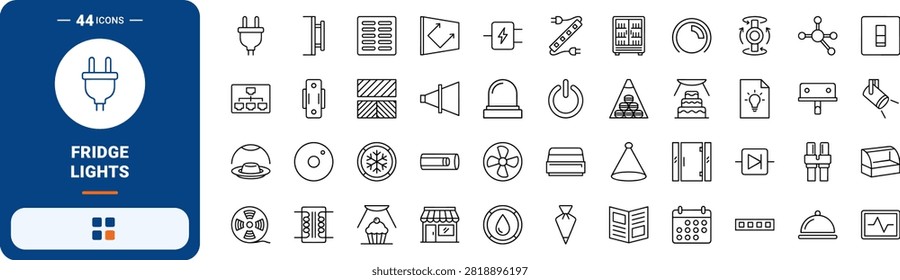 Bakery display refrigerator lighting line icon set covering cake, fridge, lights, and led concepts, thin linear illustration.