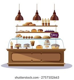 Bakery display showing various types of bread and pastries in a cozy shop setting during daytime