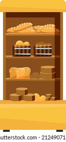 Bakery display. Store shelves with bread and pastry. Fresh food retail