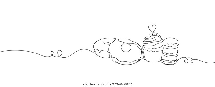 Donuts Cupcakes Macarons en una Ilustración vectorial de diseño de línea continua.