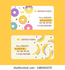 Bakery and donuts, exotic fruits set of business cards vector illustration. Abstract design. Sweets and candies with confetti, crown, bonuts and bakery. Contact information. Email, website.