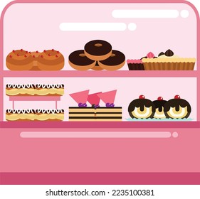 Bakery donuts pie pastries eclairs concept illustration background.