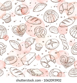 Bakery doodle background. Vector seamless pattern with pastry sketches. Hand drawn cakes and pies wallpaper. Bread objects with watercolor spots on background.