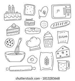 Bakery doodle hand drawn collection with black color such as cake, whisk, doughnut and more isolated on white background 