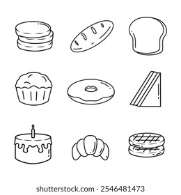 Bakery doodle icons set. Hand drawn vector illustration.