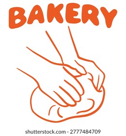 Bakery doodle illustration with hands kneading dough homemade baking preparation process
