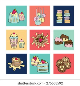 Bakery doodle menu icons in square colorful box 