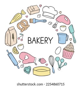 Bakery doodle set. Cooking elements. Mixer, butter, flour, spoon, whisk in sketch style.  Hand drawn vector illustration isolated on white background.