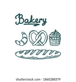 Bakery doodle set with French baguette bread, cupcake, pretzel and croissant. Set of bakery desserts. Doodle vector illustration