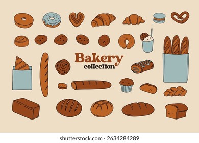 Juego de Doodle de panadería, Pan dibujado a mano, Colección de Clipart de pastelería