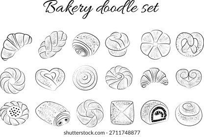 conjunto de doodle de padaria, itens de padaria desenhados à mão