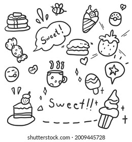 Bakery doodle set wallpaper for any graphic designing. Cartoon style hand draw of sweet dessert.
