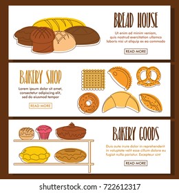 Bakery doodle three horizontal banners. Doodle illustration of bakery vector for web and design