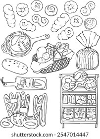 Bakery Doodle vector.Bread,cakes and pastries icons set with tableware,badges decor.Linear vintage elements for logo,label,menu,cafe shop. Flat hand drawn isolated items collection. Vector set