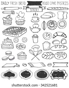 Bakery Doodle vector.Bread,cakes and pastries icons set with tableware,badges decor.Linear vintage elements for logo,label,menu,cafe shop. Flat hand drawn isolated items collection