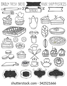 Bakery Doodle vector.Sweet cakes and pastries icons set with tableware,badges decor.Linear vintage elements for logo,label,menu,cafe shop. Flat hand drawn isolated items collection