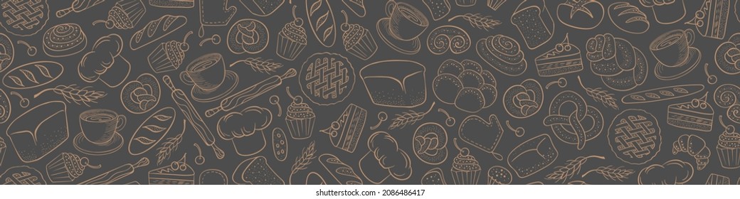 Bakery doodles background. Seamless horizontal border with cakes and bakery products. Vector illustration.