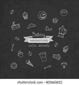 Bakery doodles hand drawn vector symbols and objects. Dark background