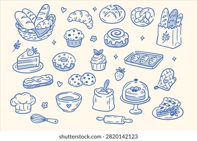 Bakery Doodles Set Cute Pastry and Baked Food Elements Hand Drawn