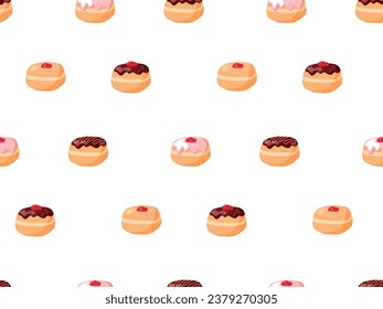 Bakery doughnut Seamless pattern. Cartoon flat vector illustration. Traditional food for Jewish Holiday Hanukkah. Jewish Festival Repeated vector For wallpaper, wrapping, textile, scrapbooking.