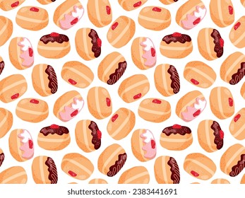 Bakery doughnut Seamless pattern. Cartoon flat illustration Repeated vector For wallpaper, wrapping, textile, scrapbooking. Colorful donut seamless pattern background. Chocolate, pink glazed doughnuts