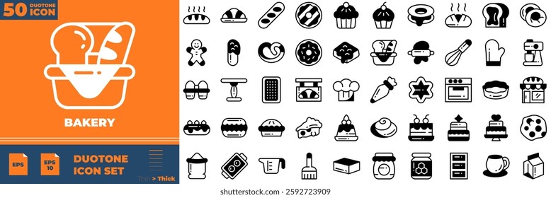 Bakery Duotone Editable Icons set. Vector illustration in modern thin duotone style of bakery icons: muffin, bread, donut, etc