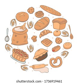 Bakery elements in a circle. Isolate on a white background. Vector graphics