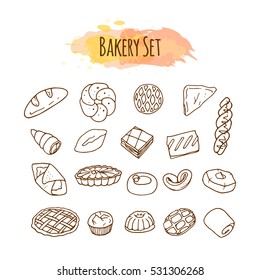 Bakery elements. Pastry illustration. Hand drawn vector set. Baking clip art