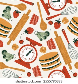 Bakery elements seamless pattern. Cake with various baking utensils. Vector illustration