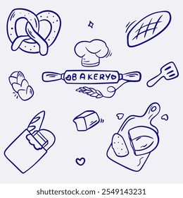 Bakery Elements Set: Chef Hat, Bread, Buns, Spatula, Restaurant Vector Set