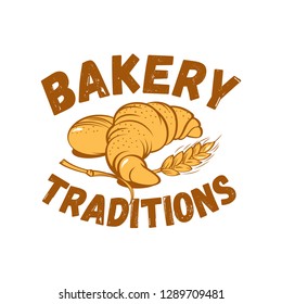 Bakery emblem, badge, label or logo with tape isolated on brown background