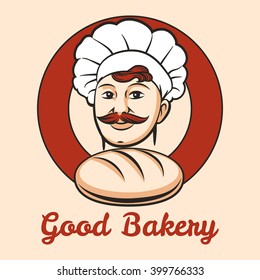 Bakery Emblem with cook and loaf of bread inside circle drawn in retro style. Free font used.