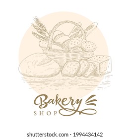 Bakery emblem. Hand drawn sketch with bread, pastry, sweet. Bakery set in engraved style