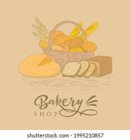 Bakery emblem. Hand drawn sketch with bread, pastry, sweet. Bakery set in engraved style