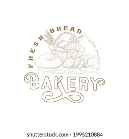 Bakery emblem. Hand drawn sketch with bread, pastry, sweet. Bakery set in engraved style