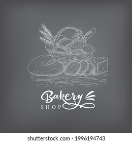 Bakery emblem. Hand drawn sketch with bread, pastry, sweet. Bakery set in engraved style