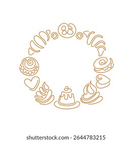 Bakery emblem, patisserie. Vector circle symbol. Line graphic round elements for cafe, design menu. Bread, croissant, muffin, cinnamon bun. Breakfast, lunch, dessert, chocolate sweets. Editable stroke