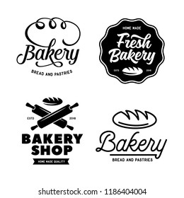 Bakery emblems set. Cooking related lettering inscriptions. Modern typography logotype templates. Vector vintage illustration.