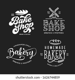 Bakery emblems set. Cooking related lettering inscriptions. Bake shop typography logotype templates. Vector vintage illustration.