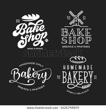 Bakery emblems set. Cooking related lettering inscriptions. Bake shop typography logotype templates. Vector vintage illustration.