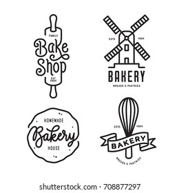 Bakery emblems set. Handmade lettering inscriptions. Line art typography logotype templates. Vector vintage illustration.