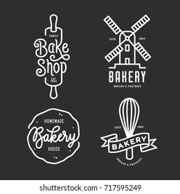 Bakery emblems set. Handmade lettering inscriptions. Line art typography logotype templates. Vector vintage illustration.