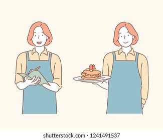 A bakery employee who is ordering and a bakery employee who serves a cake. hand drawn style vector design illustrations.