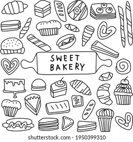 Bakery Equipment And Bread Set In Doodle Art Style On White Background